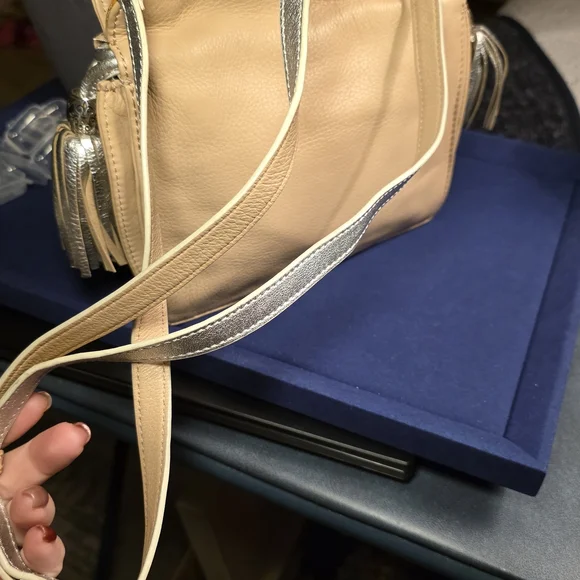 Vintage Brighton Leather Crossbody Bag Beige Silver Tassel Purse